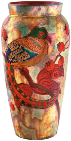 Váza, paradicsommadaras és naspolyaágas díszítéssel, Zsolnay, 1899