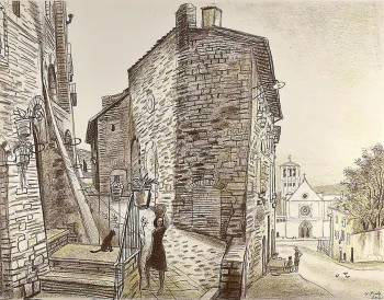 Assisi utcarészlet a Szent Ferenc – bazilikával